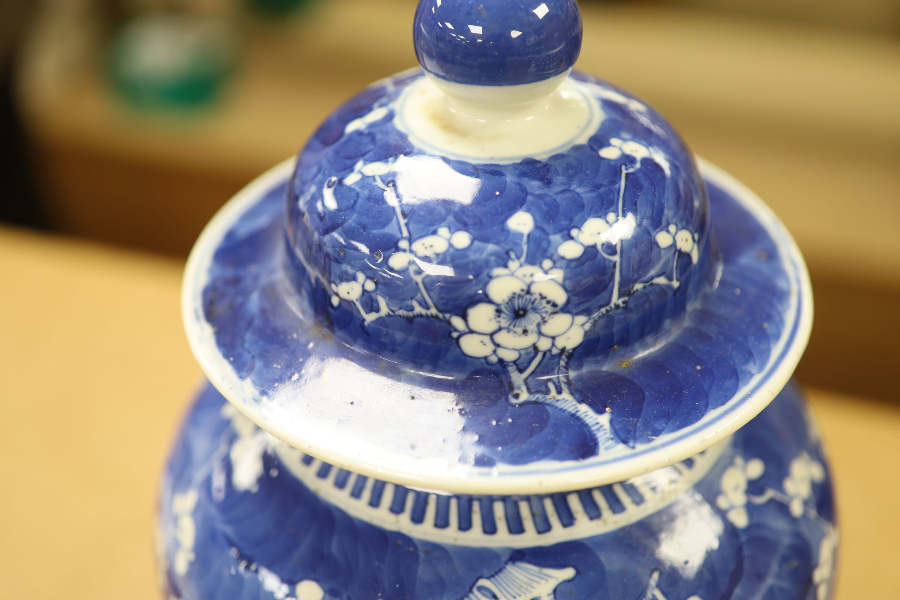 A 19th century Chinese blue and white prunus jar and cover, height, 33cm